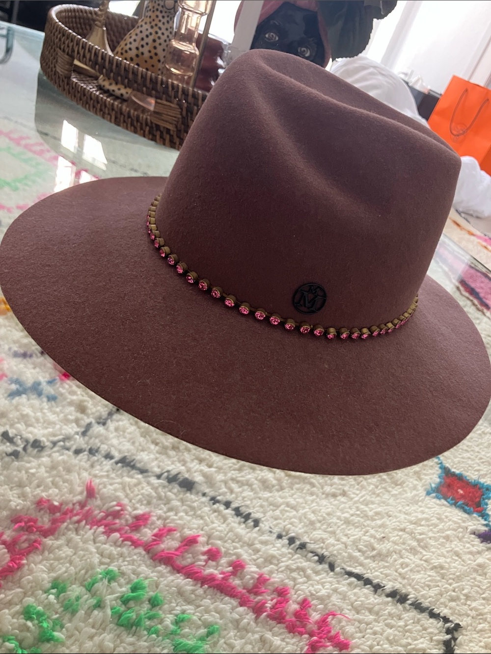 Womens Brown Felt Fedora Hat with Pink Beaded Band